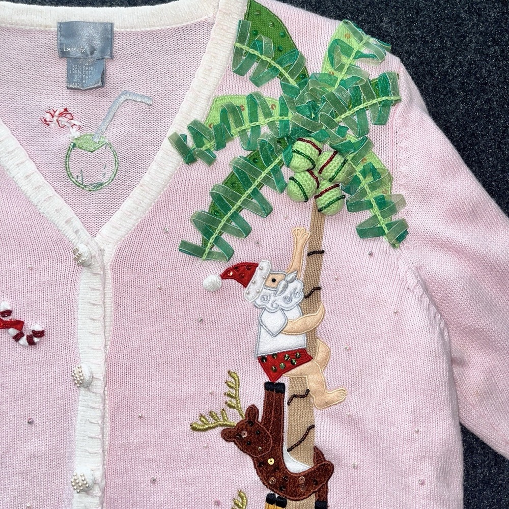 Berek Novelty Christmas Sweater L Cardigan Pink Tropical Santa Beaded‎